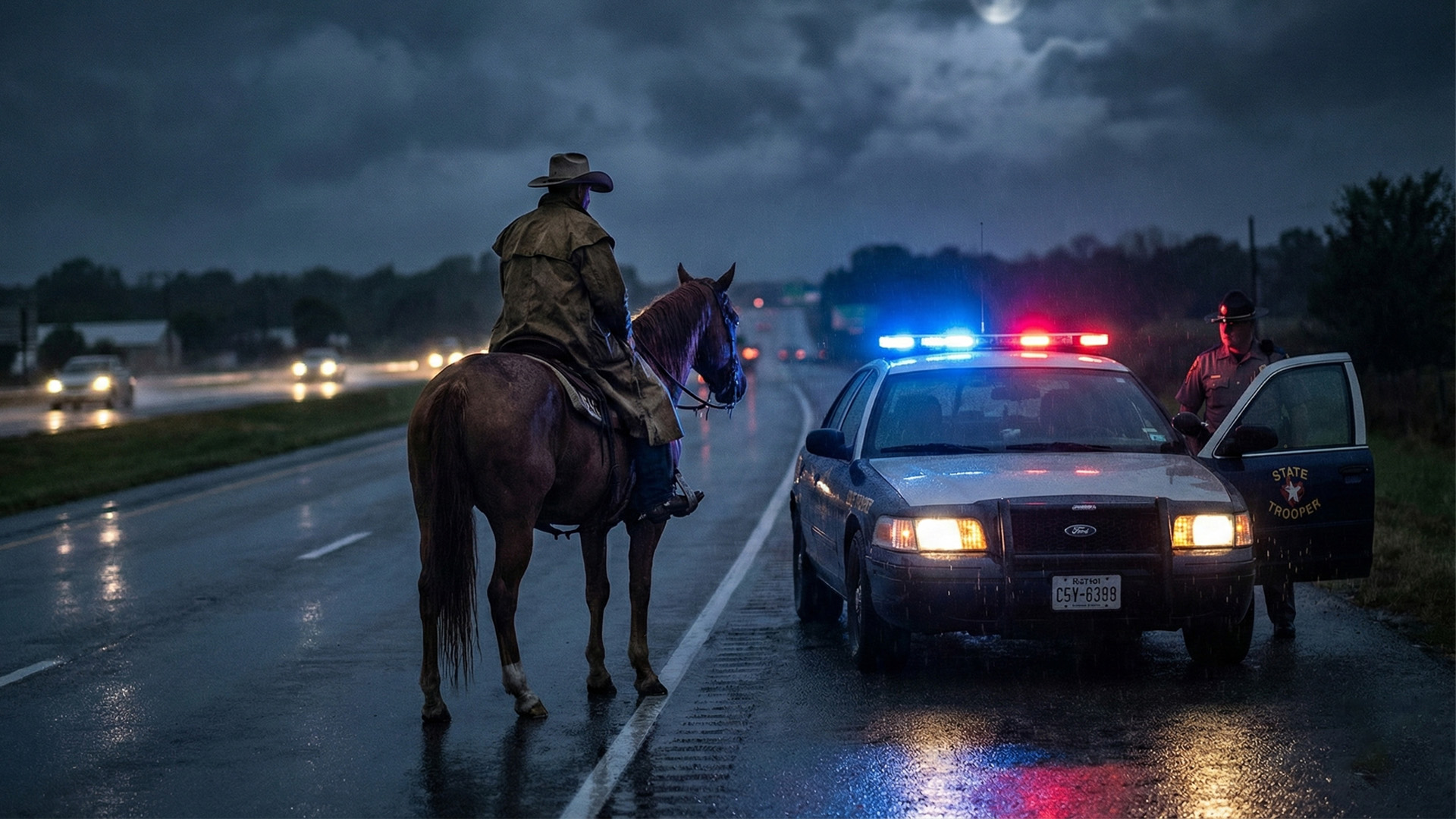 Police pulling over a man on a horse for suspected DUI