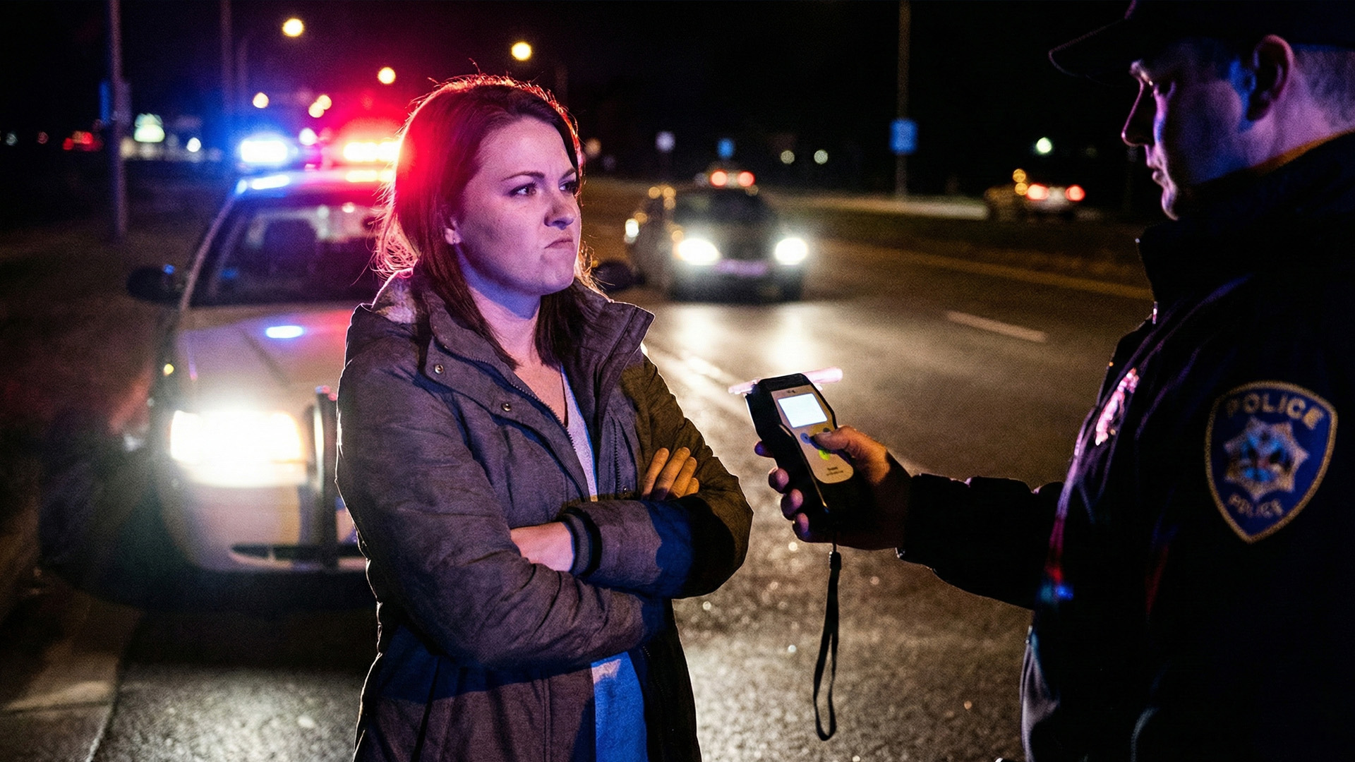 Woman arguing with police officer during a DUI traffic stop at night