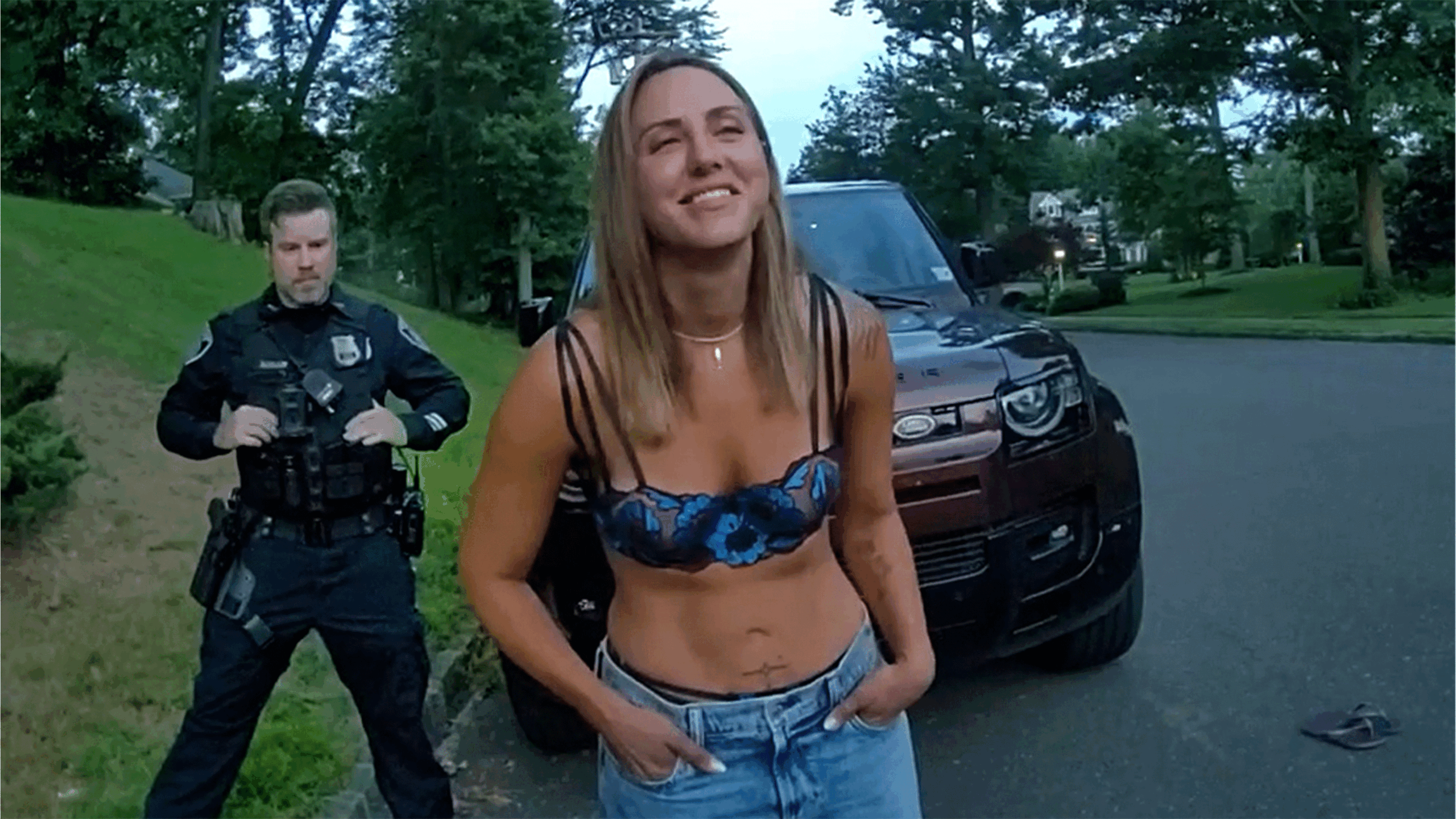 Paige Koff Westfield DUI Arrest showing officers conducting field sobriety tests on Minisink Way.
